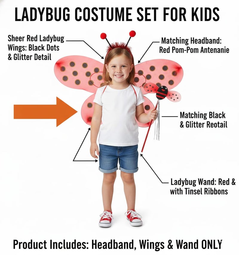 FancyDressWale Ladybug Costume Set for Kids – Red Wings, Wand & Headband | Insect Fairy Dress Up Set for Girls & Boys | Perfect for Fancy Dress, School Events & Halloween Parties - Image 2