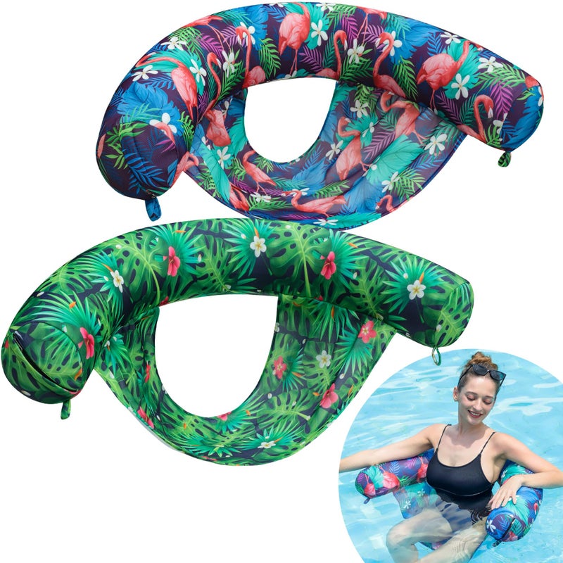 FindUWill Inflatable Pool Floats Chair - 2 Pack Water Floating Pool Chair Adult, Soft Fabric Covered Pool Lounger Float with Sling, Pool Noodles for Adult (Flamingo & Green) - Image 1
