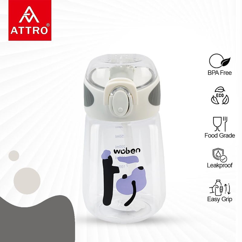 ATTRO Plastic Sippy Kids 400ml Water Bottle with Fliptop Lid & Straw Kids Bottle ML Mention for Daily Water Intake BPA Free, Leakproof - White - Image 3