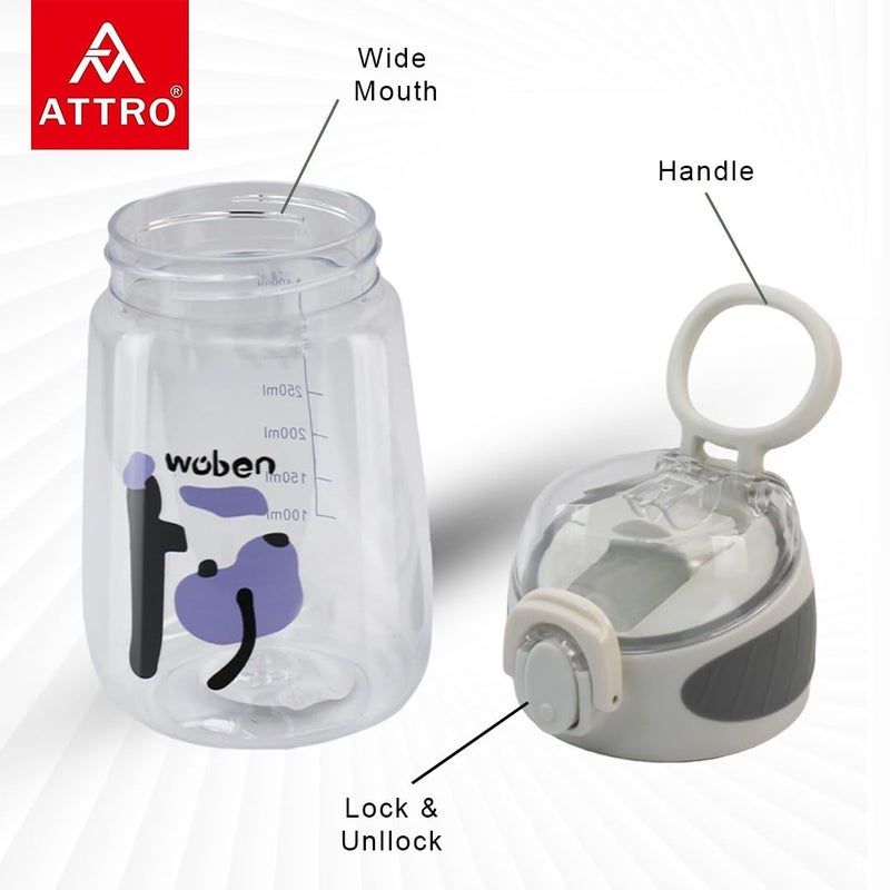 ATTRO Plastic Sippy Kids 400ml Water Bottle with Fliptop Lid & Straw Kids Bottle ML Mention for Daily Water Intake BPA Free, Leakproof - White - Image 2