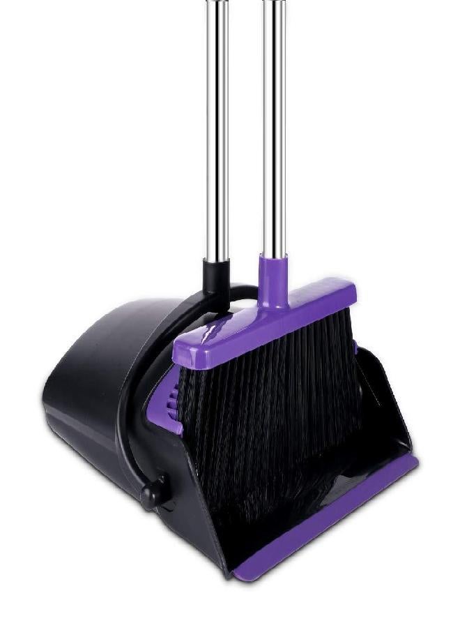 Broom and Dustpan Set, Upright Purple Broom with Dustpan Combo Set 51" Long Handle, Self Cleaning Dust Pan for Home, Kitchen and Office