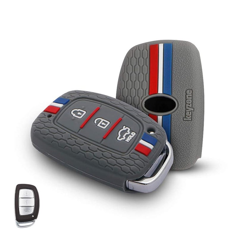 KeyZone ® Striped Silicone Key Cover Compatible for i10 Grand, i20 Elite, i20 Active, Xcent, Verna 4s, Tucson, Elantra, Grand i10 Nios (3 Button Smart Key, Grey) - Image 1