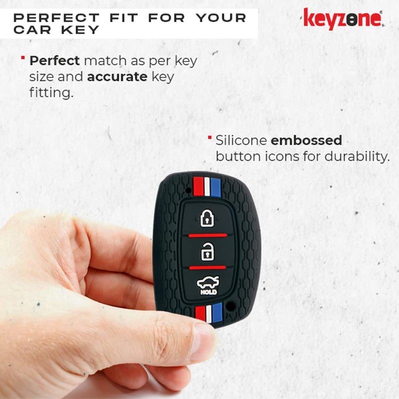 KeyZone ® Striped Silicone Key Cover Compatible for i10 Grand, i20 Elite, i20 Active, Xcent, Verna 4s, Tucson, Elantra, Grand i10 Nios (3 Button Smart Key, Grey) - Image 3