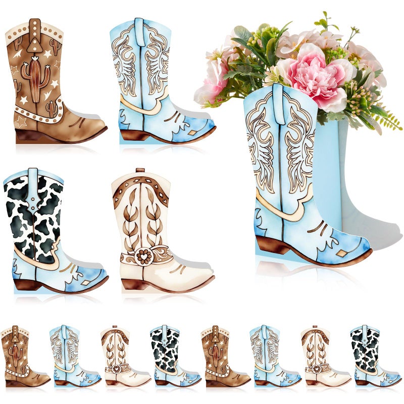 Memorywuu 12 Set Western Boots Flower Boxes Centerpiece Boot Shape Gift Boxes Party Decoration Vase Centerpieces for Tables Boots Rodeo Birthday Baby Shower Supplies(Western Blue,Cow) - Image 1