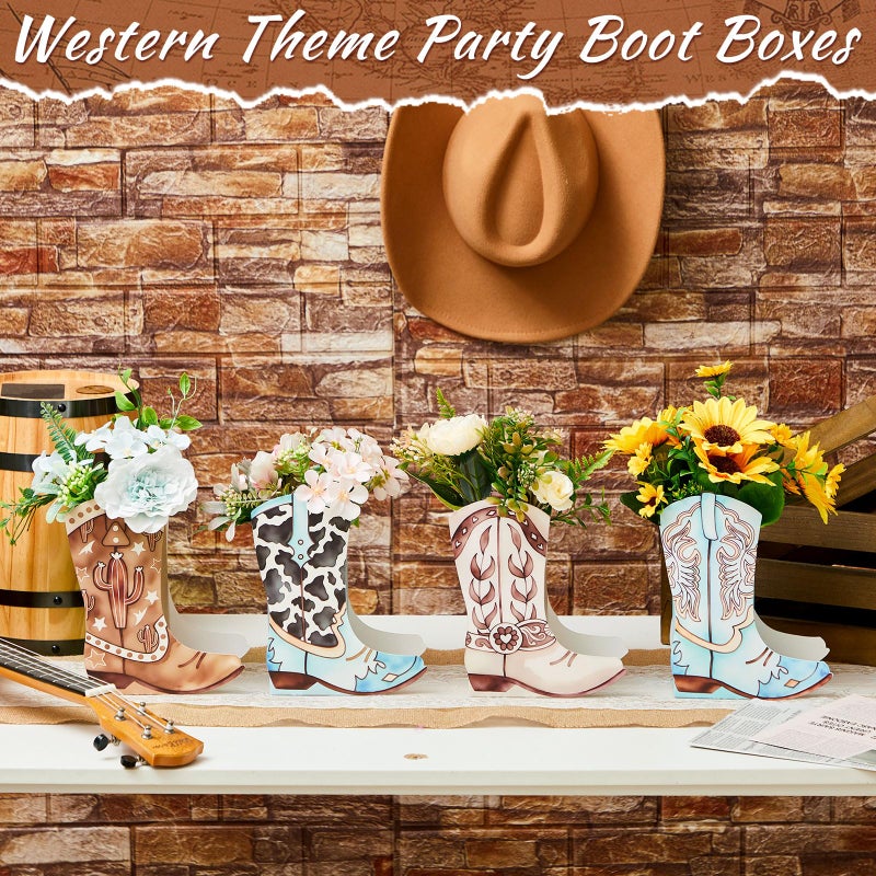 Memorywuu 12 Set Western Boots Flower Boxes Centerpiece Boot Shape Gift Boxes Party Decoration Vase Centerpieces for Tables Boots Rodeo Birthday Baby Shower Supplies(Western Blue,Cow) - Image 4