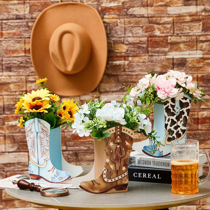 Memorywuu 12 Set Western Boots Flower Boxes Centerpiece Boot Shape Gift Boxes Party Decoration Vase Centerpieces for Tables Boots Rodeo Birthday Baby Shower Supplies(Western Blue,Cow) - Image 5