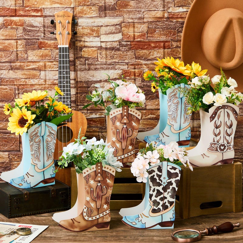 Memorywuu 12 Set Western Boots Flower Boxes Centerpiece Boot Shape Gift Boxes Party Decoration Vase Centerpieces for Tables Boots Rodeo Birthday Baby Shower Supplies(Western Blue,Cow) - Image 3