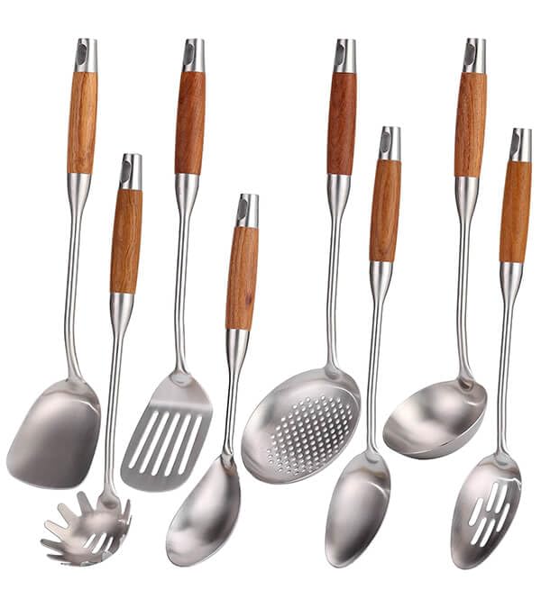 1810 Stainless Steel Kitchen Utensils Set with Wood Handle  15Metal Cooking Tools  Serving Utensil 8Pieces Cooking Spoons Set  Spatula Ladle Skimmer Turner Pasta Solid Spoon Slotted Spoon