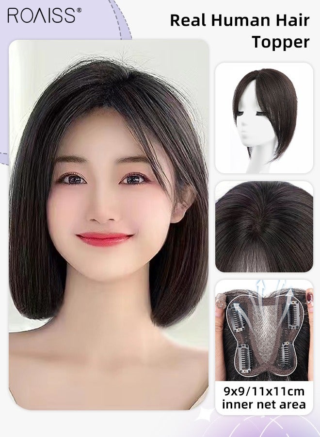رويس أغطية شعر بشري حقيقية للنساء، قطع الشعر مع مشابك للنساء اللواتي يعانين من تساقط الشعر وفقدان الشعر وتغطية الشعر الرمادي، أسود طبيعي، 9x9 / 11x11 سم - Image 1