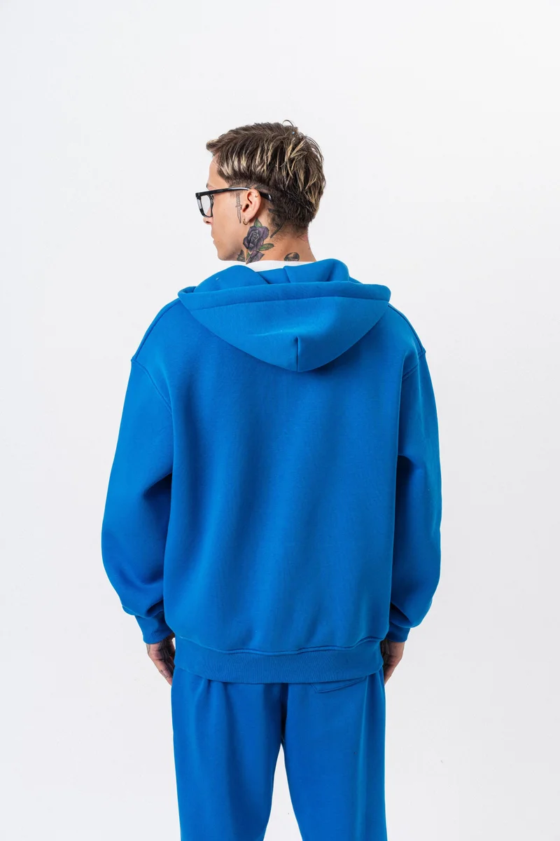 ريسباير هودي رجالي أساسي واسع (Oversize) بسحاب (Zip) بغطاء رأس بتفاصيل نص "Respire" لون أزرق