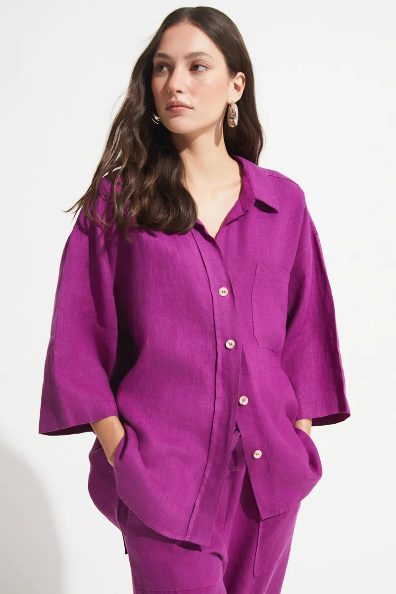 جون Women's Exclusive Regular/normal Pattern 100% Linen Short Sleeve Shirt