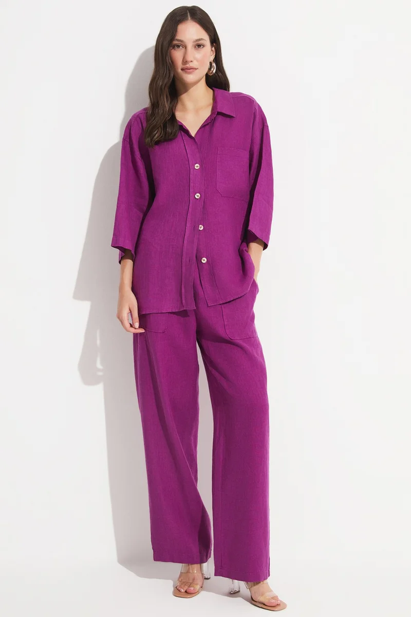 جون Women's Exclusive Regular/normal Pattern 100% Linen Short Sleeve Shirt