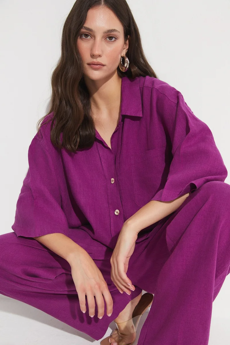 جون Women's Exclusive Regular/normal Pattern 100% Linen Short Sleeve Shirt