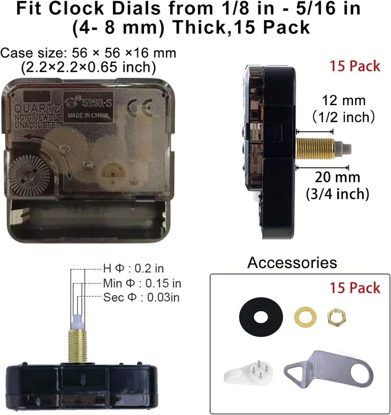EMOON 15 Pieces Clock Mechanism Replacement Kit with 16 Pack Hands, Silent Sweep Clock Motor Kit Battery Operated for DIY Repair Replacement (Thread Length 1/2 in) - Image 2