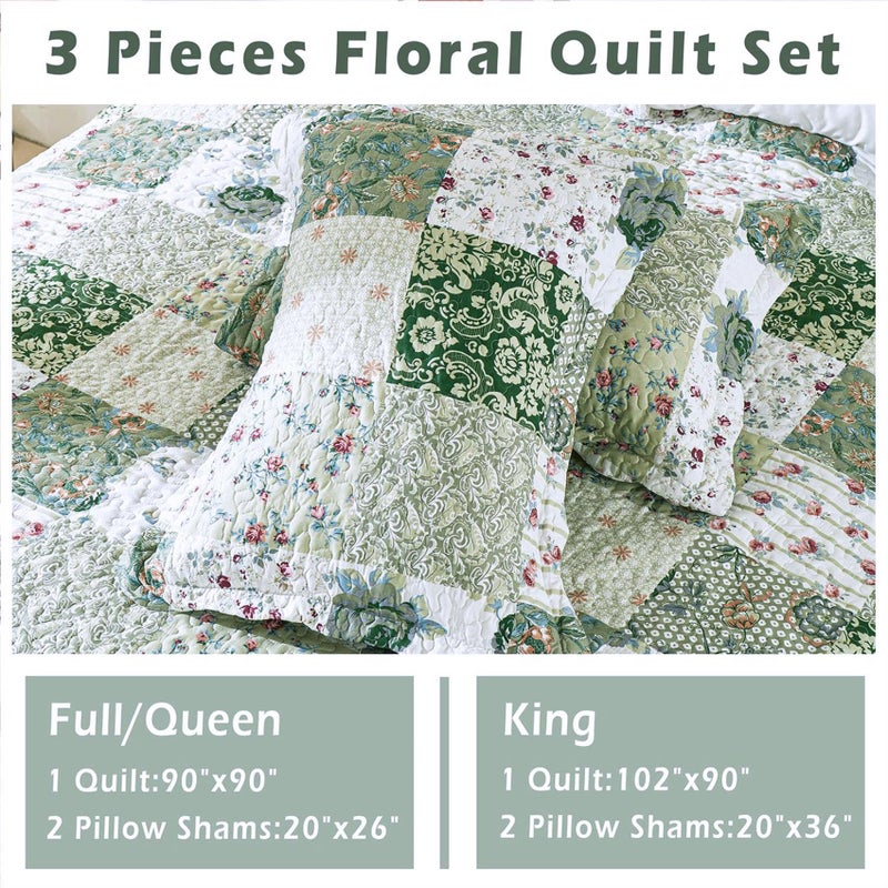 Cmfshape Romantic Patchwork Quilt Set Queen Size,Reversible Bedspread Coverlet 3-Piece,Floral Bed Cover Set with Pillow Shams,Lightweight Microfiber Bedding Set for All Season (Green,90x90) - Image 5