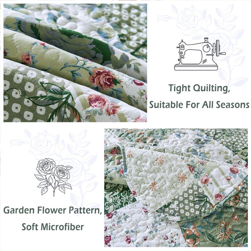 Cmfshape Romantic Patchwork Quilt Set Queen Size,Reversible Bedspread Coverlet 3-Piece,Floral Bed Cover Set with Pillow Shams,Lightweight Microfiber Bedding Set for All Season (Green,90x90) - Image 4