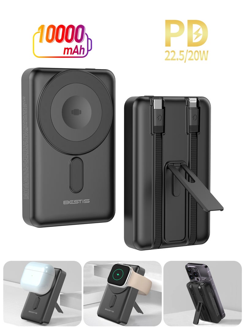 بيستيس  شاحن لاسلكي مغناطيسي 3 في 1 بسعة 10000 مللي أمبير، شاحن محمول سريع 22.5 واط مع قاعدة قابلة للطي وكابلات مدمجة Type-C و Lightning لهواتف iPhone 16/15/14 وساعة iWatch وسماعات AirPods - Image 1