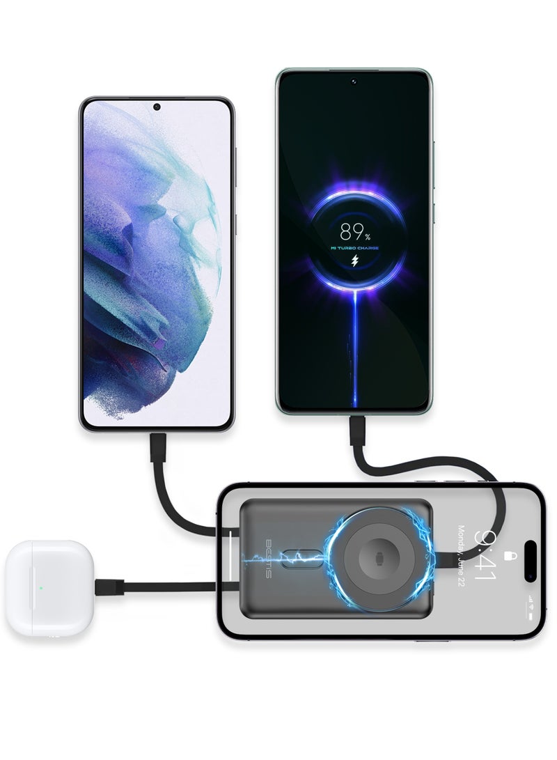 بيستيس  شاحن لاسلكي مغناطيسي 3 في 1 بسعة 10000 مللي أمبير، شاحن محمول سريع 22.5 واط مع قاعدة قابلة للطي وكابلات مدمجة Type-C و Lightning لهواتف iPhone 16/15/14 وساعة iWatch وسماعات AirPods - Image 2