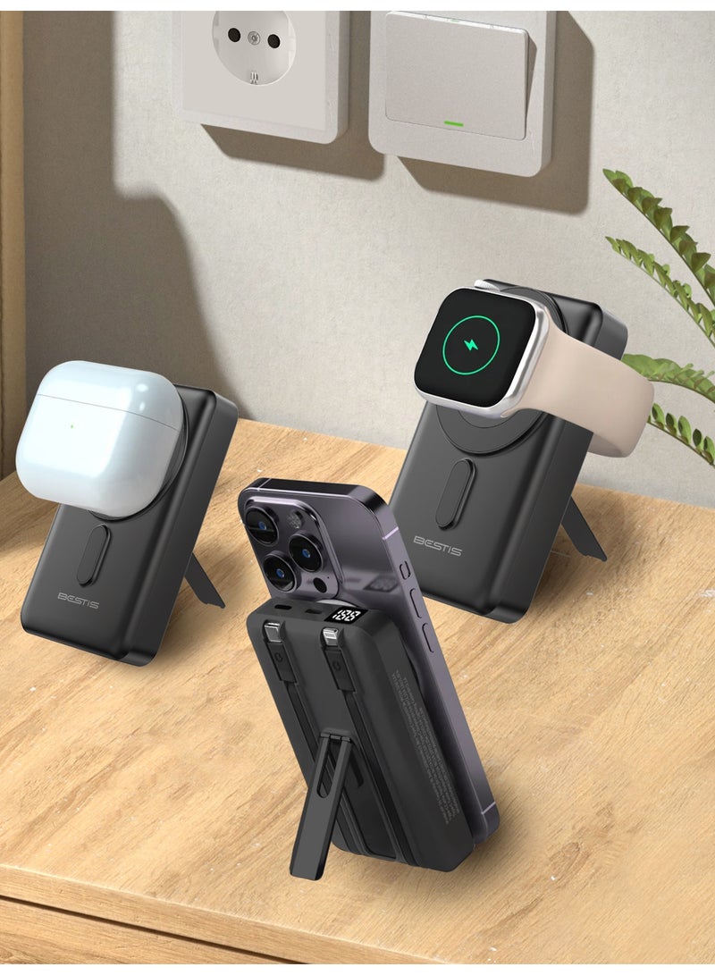 بيستيس  شاحن لاسلكي مغناطيسي 3 في 1 بسعة 10000 مللي أمبير، شاحن محمول سريع 22.5 واط مع قاعدة قابلة للطي وكابلات مدمجة Type-C و Lightning لهواتف iPhone 16/15/14 وساعة iWatch وسماعات AirPods - Image 3