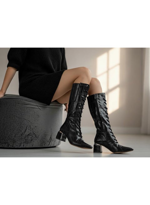 بوت طويل بكعب متوسط من الجلد برباط وسوسته LB-45 - اسود