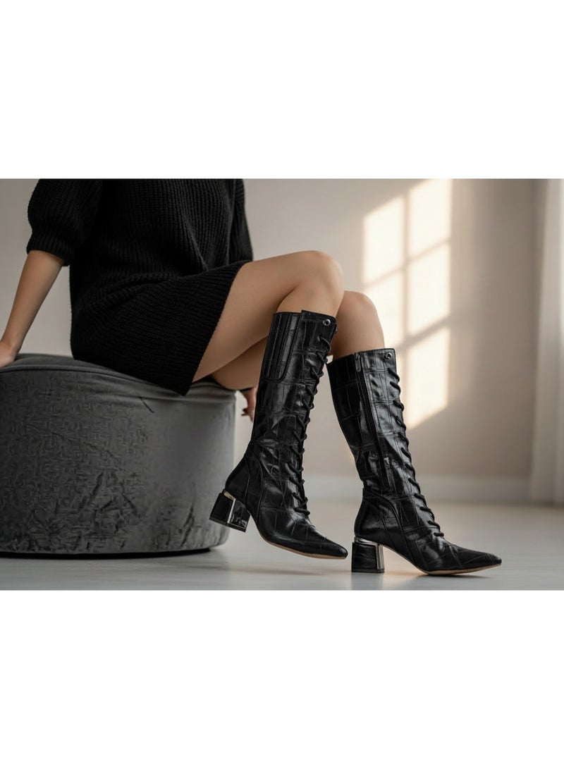 لايف ستيلاش  بوت طويل بكعب متوسط من الجلد برباط وسوسته LB-45 - اسود - Image 1