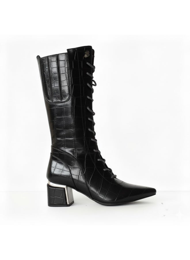 لايف ستيلاش  بوت طويل بكعب متوسط من الجلد برباط وسوسته LB-45 - اسود - Image 2