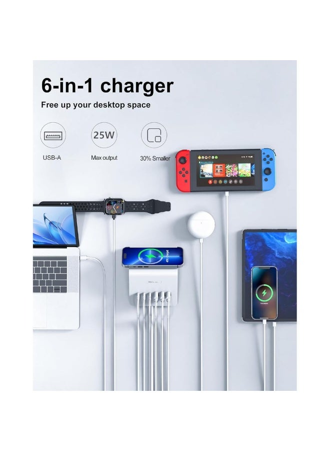 USB C Charger 6 Ports USB Charging Station Multi USB Charger Plug For IPhone IPad AirPods Pixel IWatch Redmi Etc (White) - Image 2