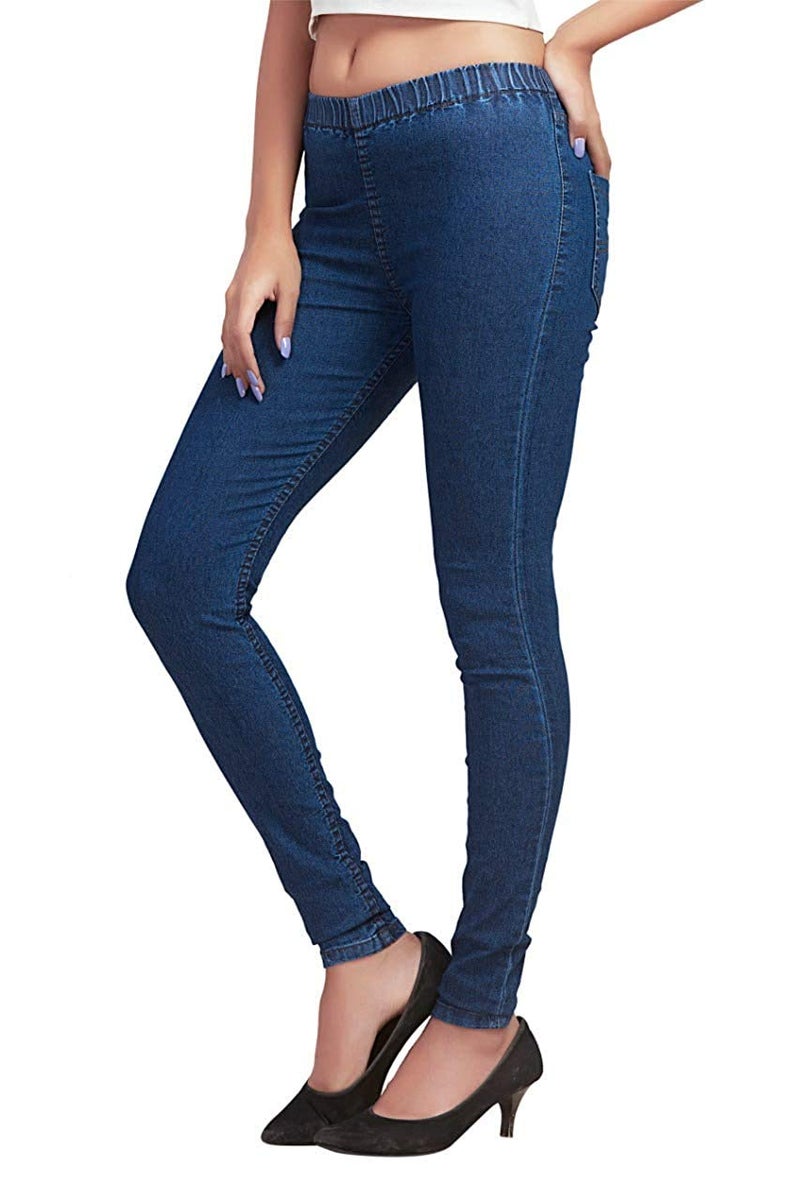 ADBUCKS Women's Slim Fit Denim Mid Rise Jeggings with Elasticated Waistband (38, Dark blue) - Image 1