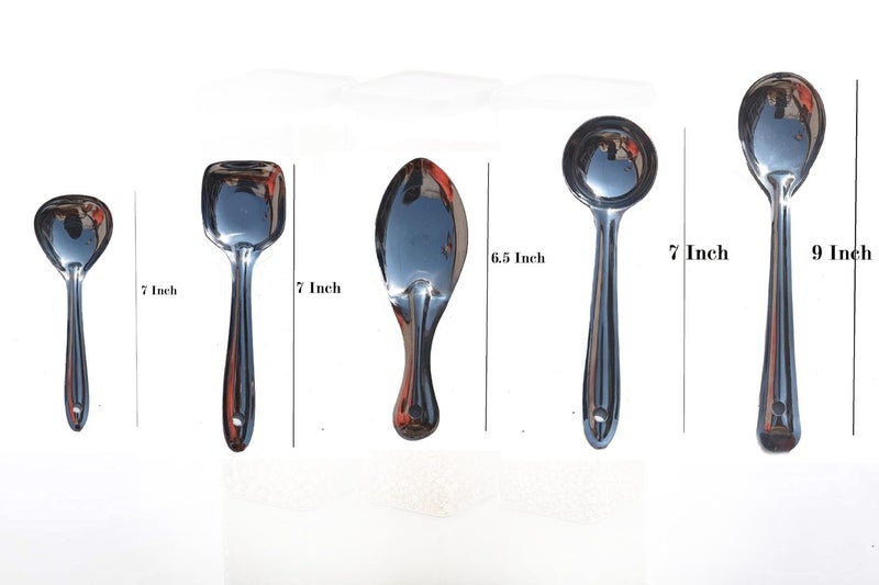 Denique Stainless Steel Tableware Serving Spoon Set for Dining Cooking Spoon Set for KitchenSoup Ladle Solid Spoon Rice Spoon CurrydalRicePasta Set of 5 - Image 4