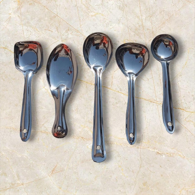 Denique Stainless Steel Tableware Serving Spoon Set for Dining Cooking Spoon Set for KitchenSoup Ladle Solid Spoon Rice Spoon CurrydalRicePasta Set of 5 - Image 1