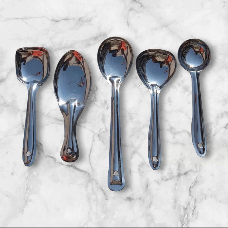Denique Stainless Steel Tableware Serving Spoon Set for Dining Cooking Spoon Set for KitchenSoup Ladle Solid Spoon Rice Spoon CurrydalRicePasta Set of 5 - Image 2