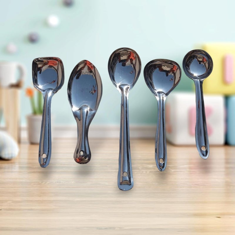 Denique Stainless Steel Tableware Serving Spoon Set for Dining Cooking Spoon Set for KitchenSoup Ladle Solid Spoon Rice Spoon CurrydalRicePasta Set of 5 - Image 3