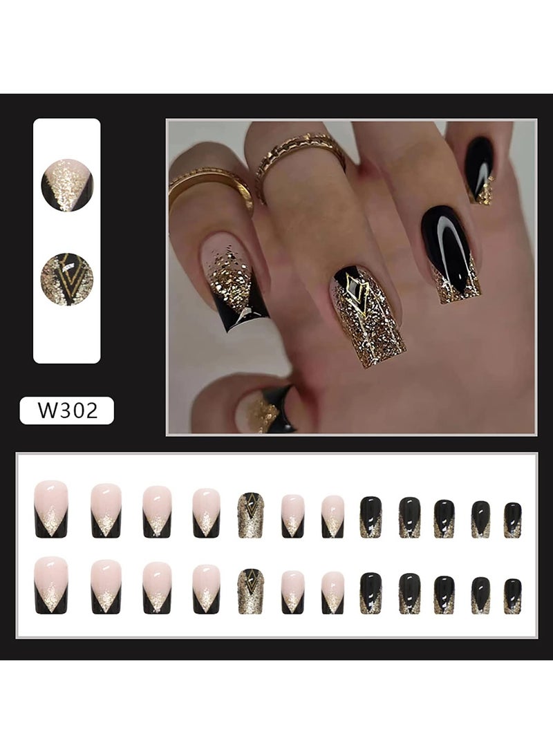 Acrylic Square Press on Nails Medium Length Black Fake Nails Gold Shiny Artificial False Nails with Gold Foil Designs Full Cover Artificial Stick on Nails for Women (style4, 0.86 Fl Oz (Pack of 24)) - Image 2