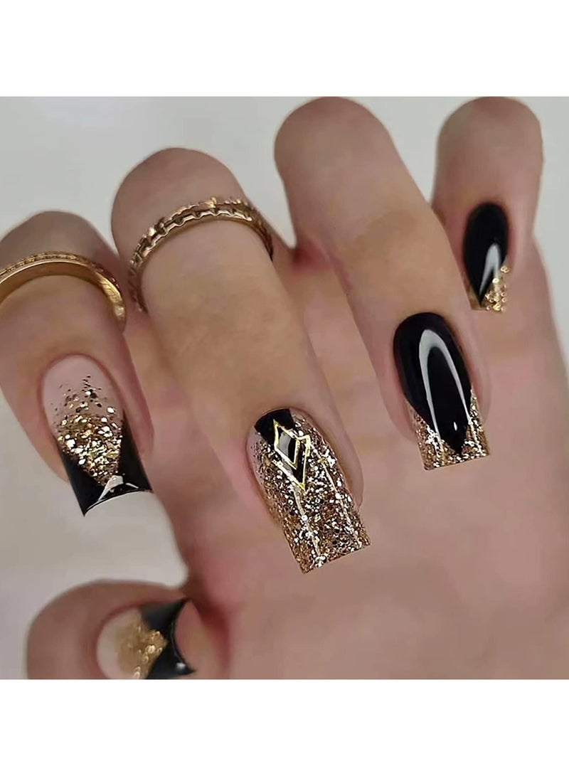 Acrylic Square Press on Nails Medium Length Black Fake Nails Gold Shiny Artificial False Nails with Gold Foil Designs Full Cover Artificial Stick on Nails for Women (style4, 0.86 Fl Oz (Pack of 24)) - Image 1