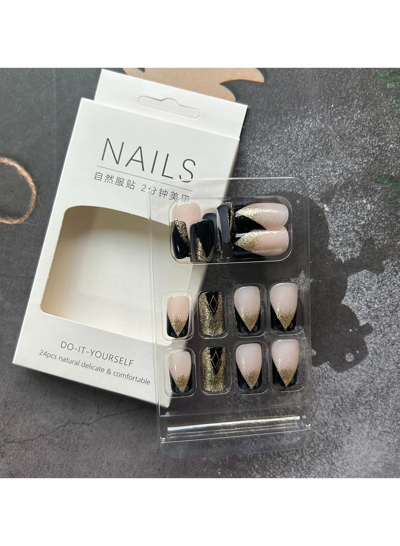 Acrylic Square Press on Nails Medium Length Black Fake Nails Gold Shiny Artificial False Nails with Gold Foil Designs Full Cover Artificial Stick on Nails for Women (style4, 0.86 Fl Oz (Pack of 24)) - Image 5
