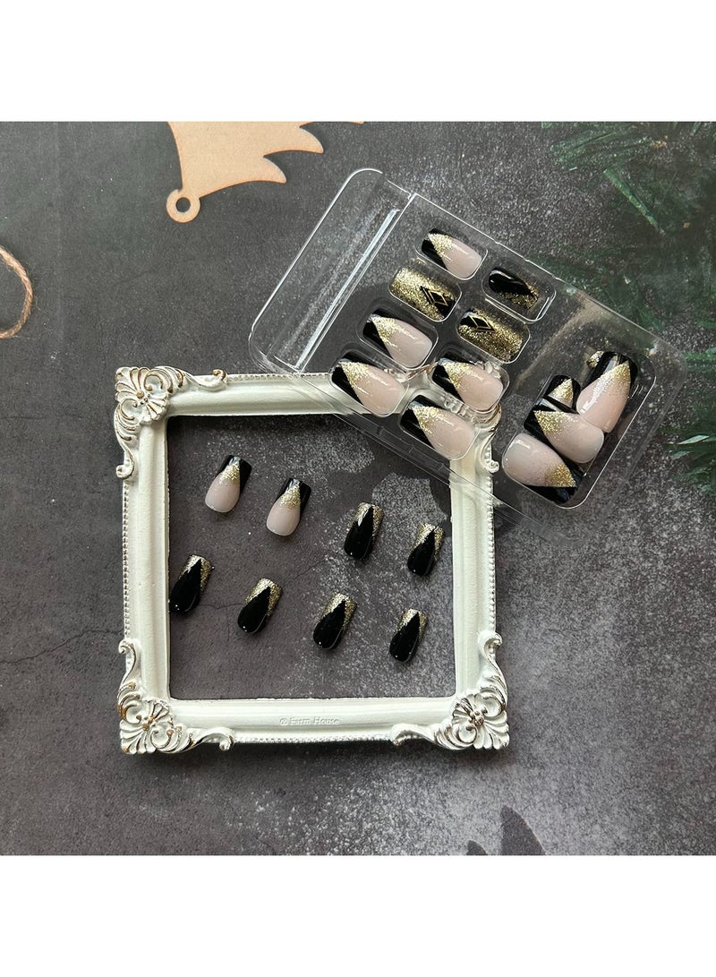 Acrylic Square Press on Nails Medium Length Black Fake Nails Gold Shiny Artificial False Nails with Gold Foil Designs Full Cover Artificial Stick on Nails for Women (style4, 0.86 Fl Oz (Pack of 24)) - Image 3