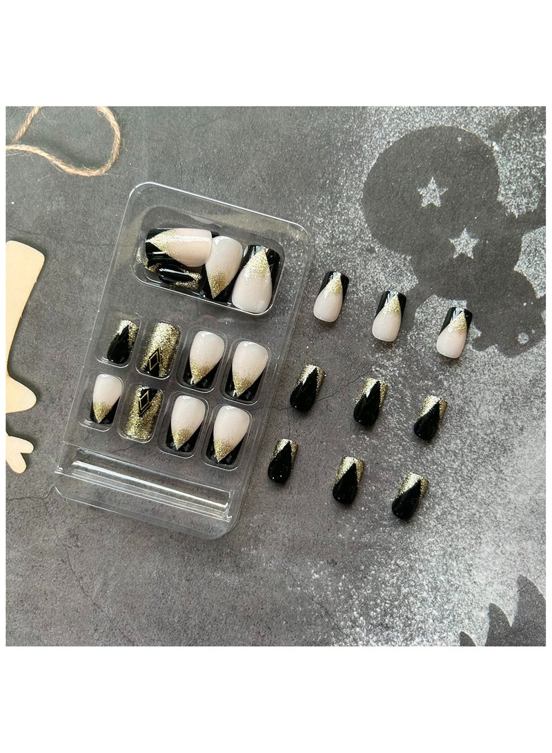 Acrylic Square Press on Nails Medium Length Black Fake Nails Gold Shiny Artificial False Nails with Gold Foil Designs Full Cover Artificial Stick on Nails for Women (style4, 0.86 Fl Oz (Pack of 24)) - Image 4