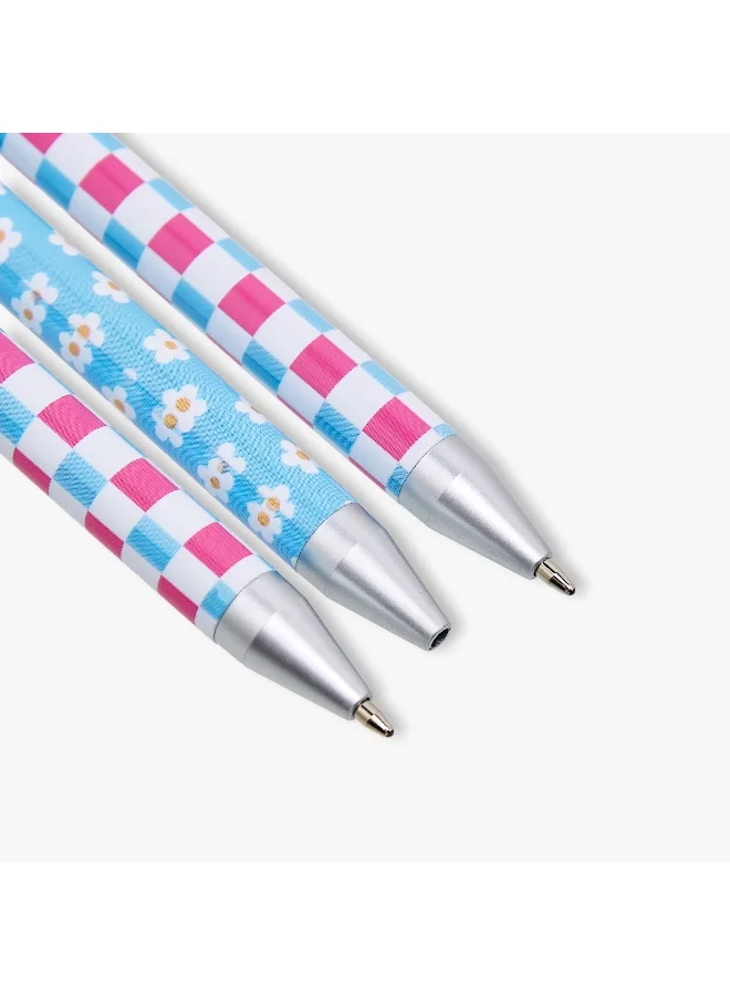 Lifestyle Pen Set-Plastic Ball Pens-Set Of 3-Chequered And Floral Print- (Plastic&Paper) Magenta \ 18.3X6.5X1.5