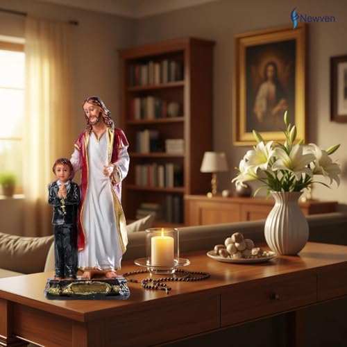 Newven Handcrafted First Holy Communion Gifts for Boys Jesus and Boy Statues Christian Home Decor Birth Day Gift God Idol Showpiece for Table Wall Figurine House Warming, Multicolour, 9 X 6 X 20 CM - Image 4
