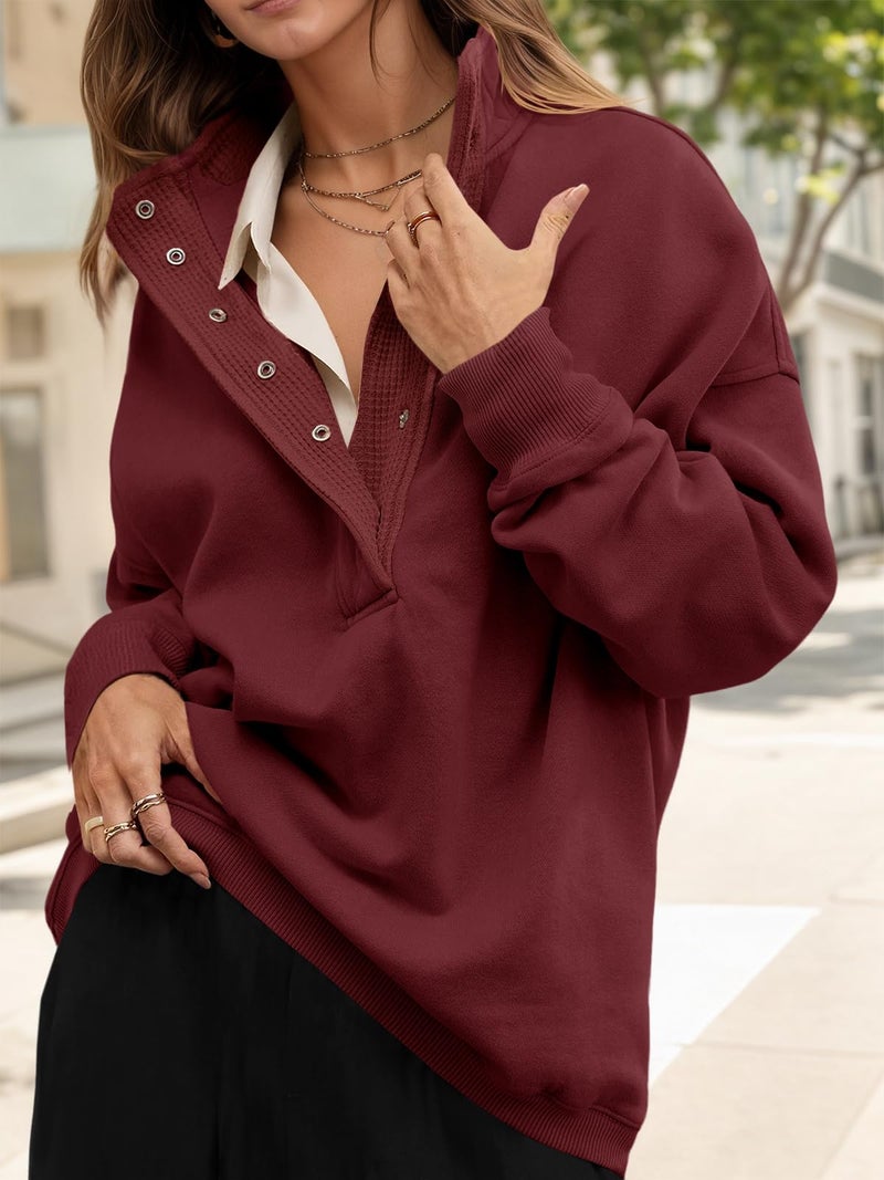 Fisoew Womens Oversized Sweatshirt Casual Snap Stand Collar Long Sleeve Pullover Tops Fall Travel Outfits Burgundy - Image 2