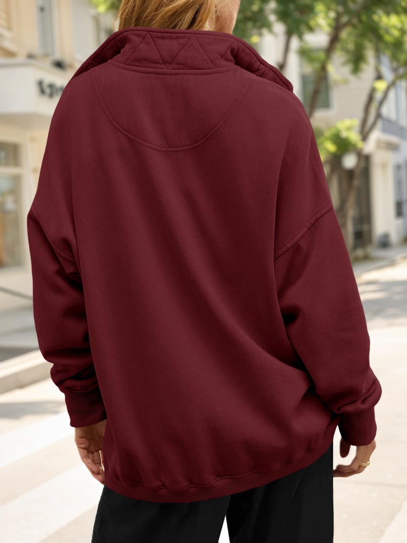 Fisoew Womens Oversized Sweatshirt Casual Snap Stand Collar Long Sleeve Pullover Tops Fall Travel Outfits Burgundy - Image 4