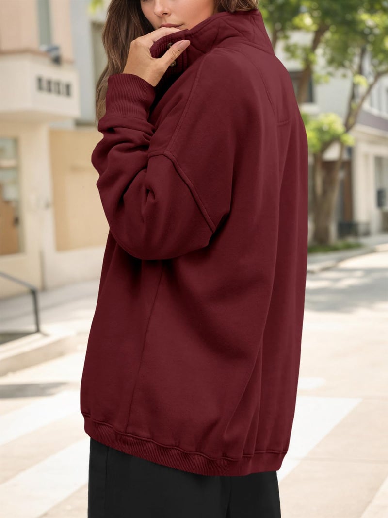 Fisoew Womens Oversized Sweatshirt Casual Snap Stand Collar Long Sleeve Pullover Tops Fall Travel Outfits Burgundy - Image 3