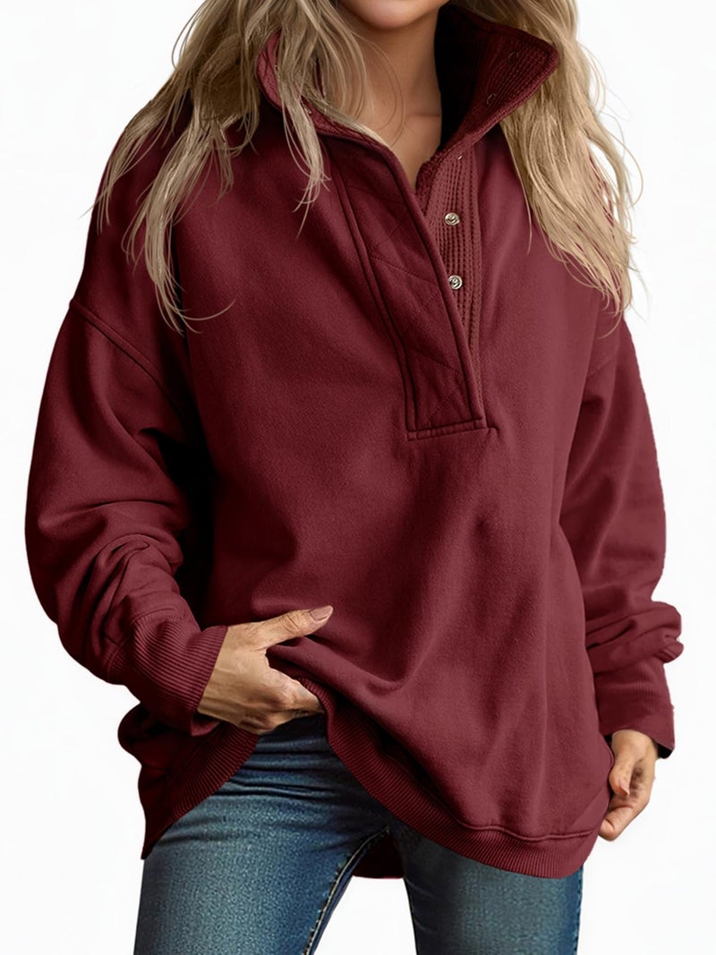 Fisoew Womens Oversized Sweatshirt Casual Snap Stand Collar Long Sleeve Pullover Tops Fall Travel Outfits Burgundy - Image 1