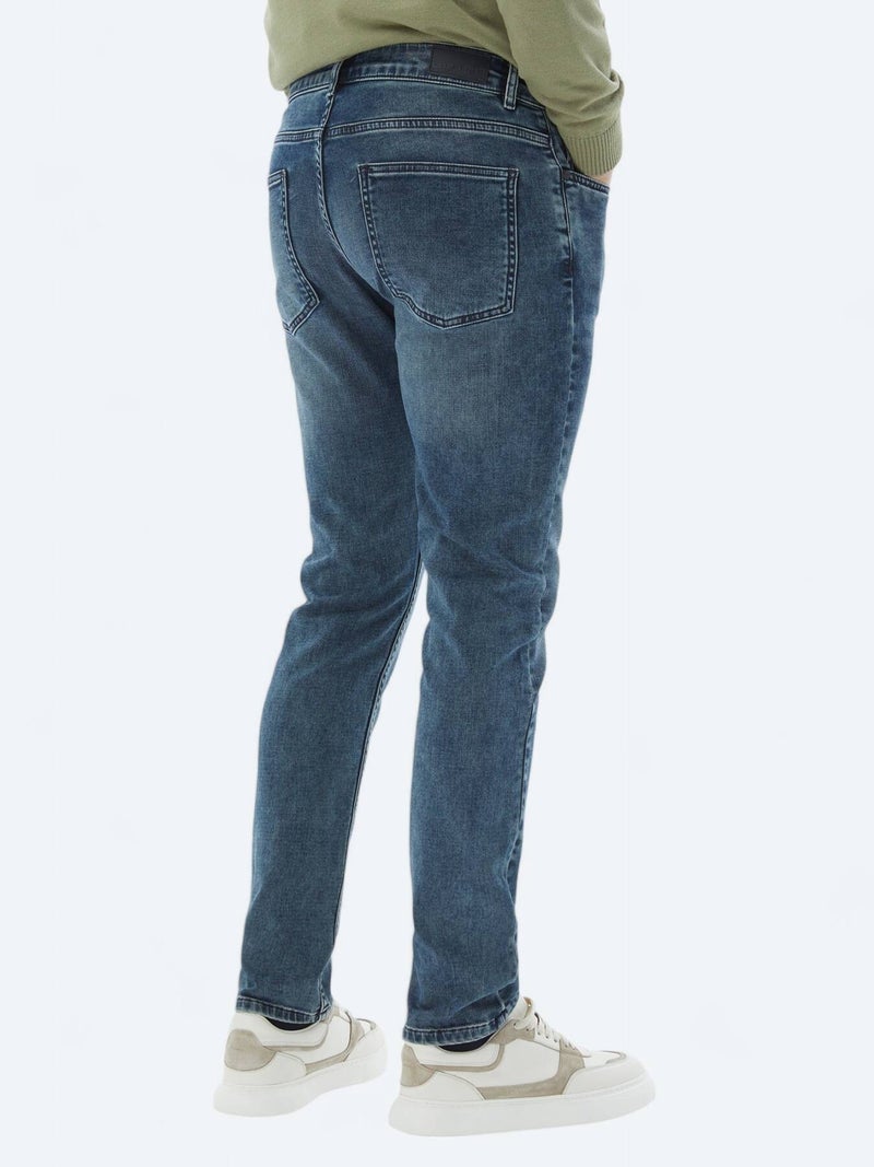 Kip Navy Blue Slim Fit Denim Cotton Blended Trousers - Image 5