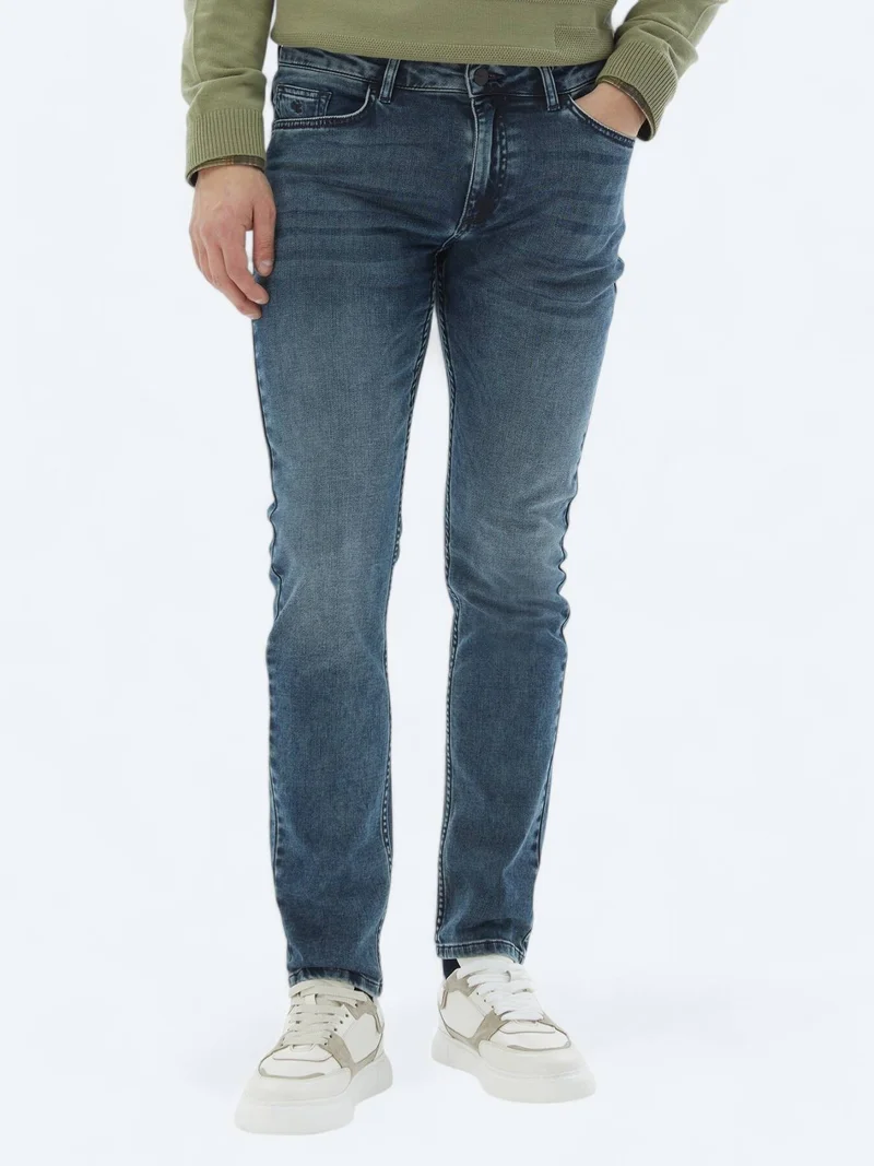 Kip Navy Blue Slim Fit Denim Cotton Blended Trousers