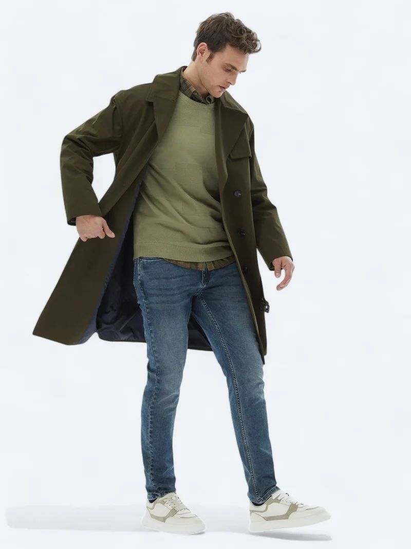 Kip Navy Blue Slim Fit Denim Cotton Blended Trousers