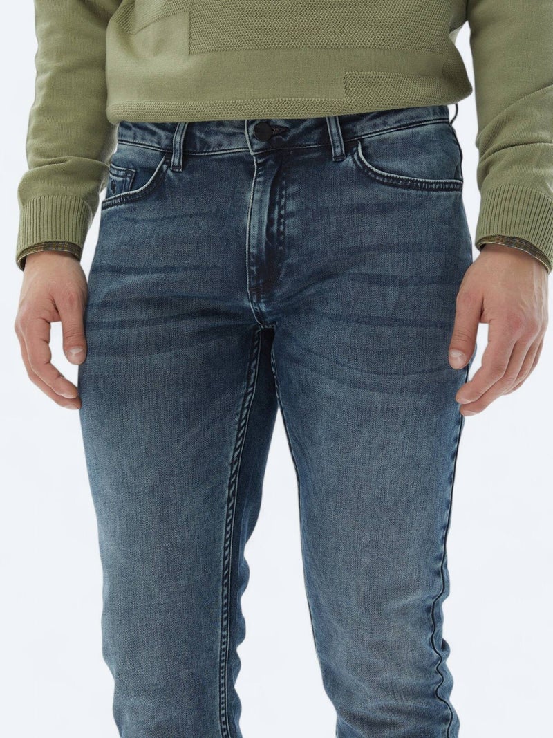 Kip Navy Blue Slim Fit Denim Cotton Blended Trousers - Image 3