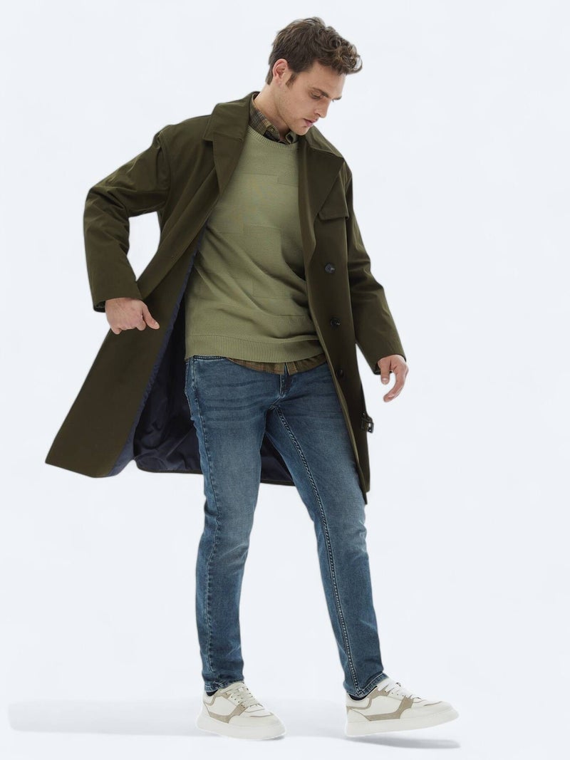 Kip Navy Blue Slim Fit Denim Cotton Blended Trousers - Image 2