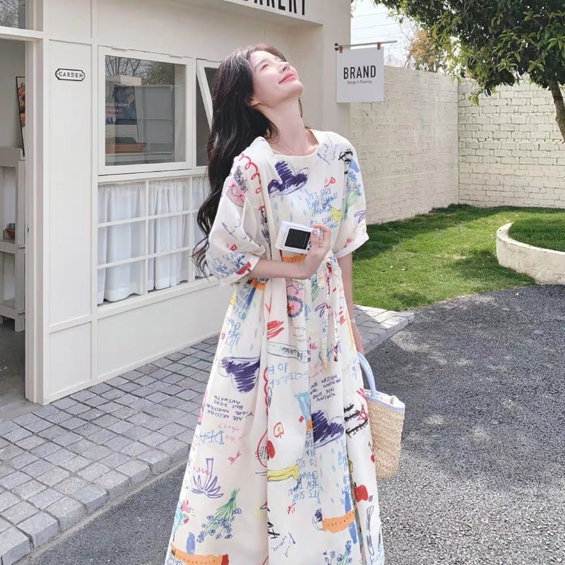 Women's Summer Graffiti Print A-Line Dress, Loose Fit Korean Style - Image 1
