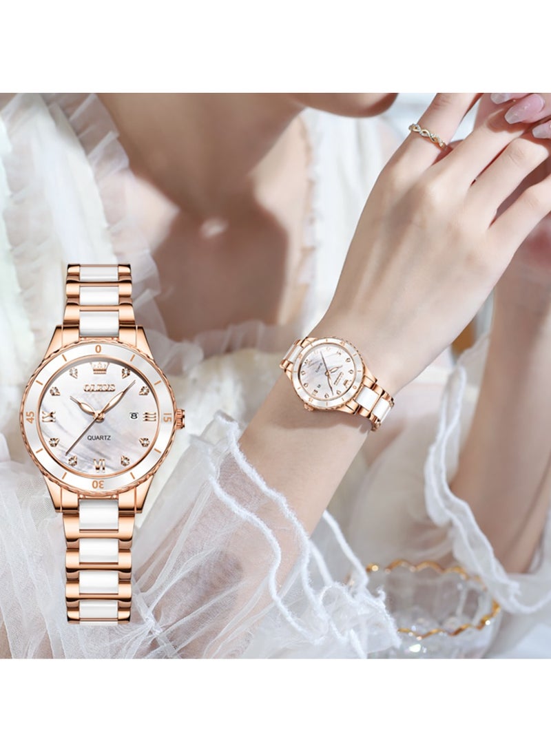 OLEVS Ladies' Watch Slim Ceramic Strap Iridescent Mother-of-Pearl Dial High-Hardness Coated Mirror Luminous Calendar Waterproof Student Watch - Image 1